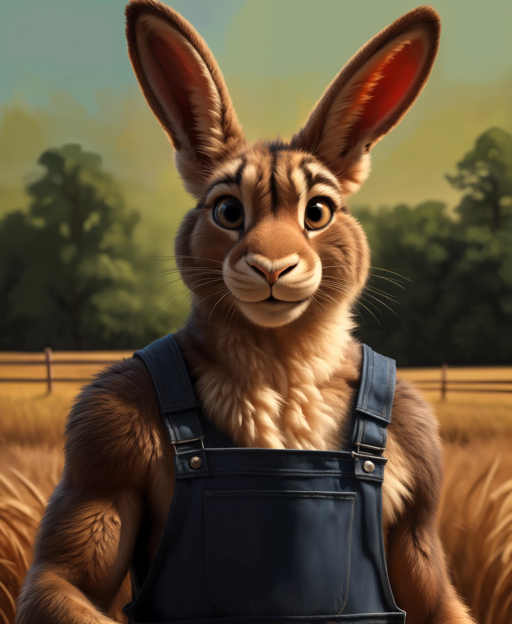 farm setting, rabbit, lagomorph, muscular, overalls, smile512, looking at viewer, by Kenket, (Sharp focus, masterpiece, 8k, intricate artwork, hyper detailed, high detail)