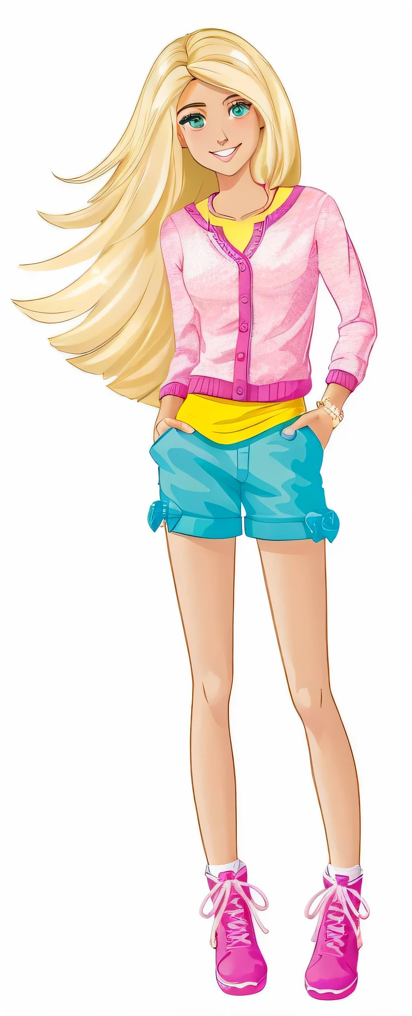 A cartoon girl with blonde hair and blue shorts and pink jacket - SeaArt AI