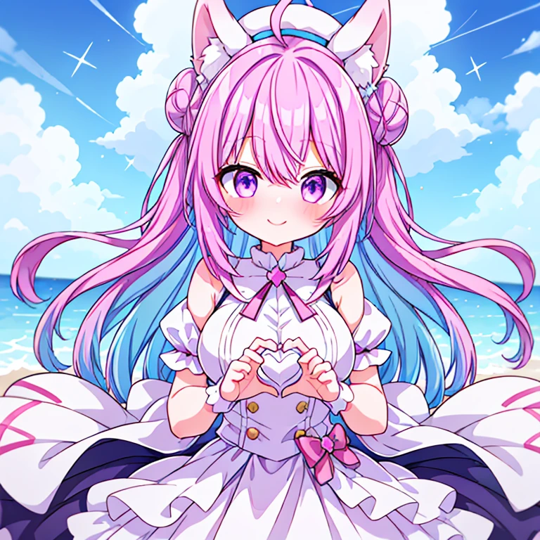 purple hair, blue hair, light blue hair, dark blue hair, pink hair, gradient hair, ahoge, curly hair, double bun, crossed bangs, messy hair, long hair, side swept bangs, floating hair, expressive hair, cloud hair, quiff, heart ahoge, halo, hairclip, beret, hairpin, hair ribbon, hair ornament, headphones, star hair ornament, heart hair ornament, butterfly hair ornament, bunny hair ornament, multicolored eyes, aqua eyes, sparkling eyes, purple eyes, wide-eyed, amber eyes, animal ears, smile, light smile, blush, bright pupils, smiley, full blush, happy, light blush, anime, anime style