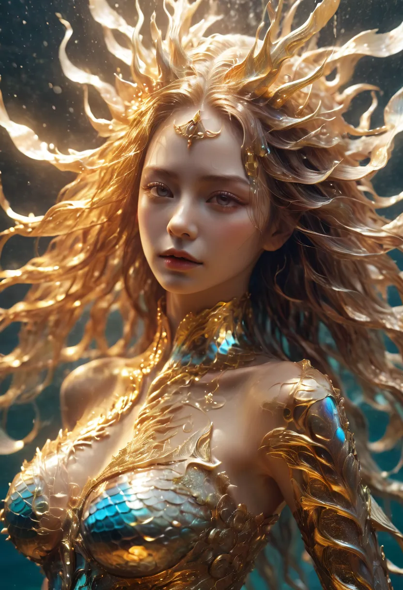 cinematic photo Hyperrealistic art RAW candid photo top view of a ethereal mermaid, with golden holographic scales and pearls an...