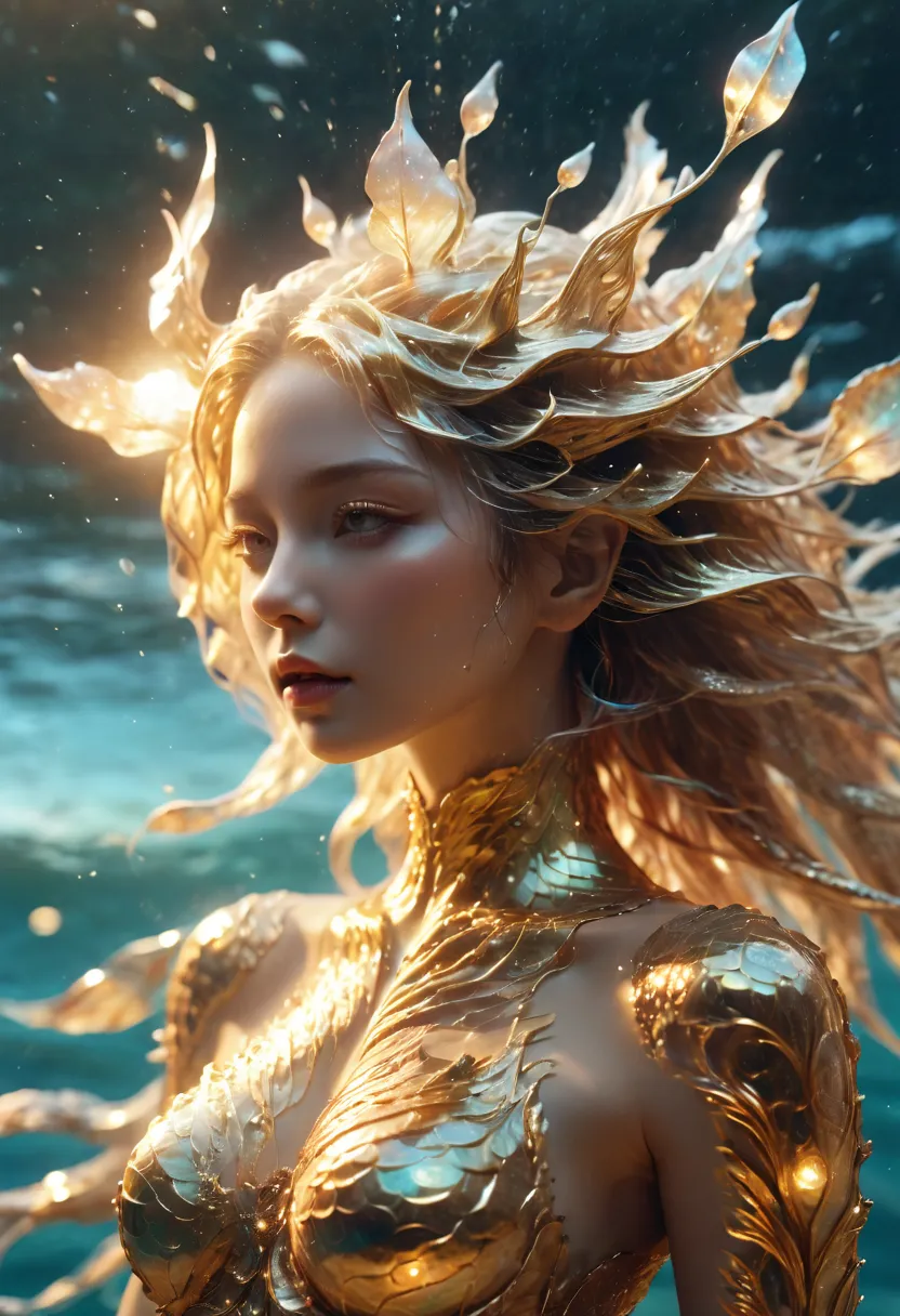 cinematic photo Hyperrealistic art RAW candid photo top view of a ethereal mermaid, with golden holographic scales and pearls an...
