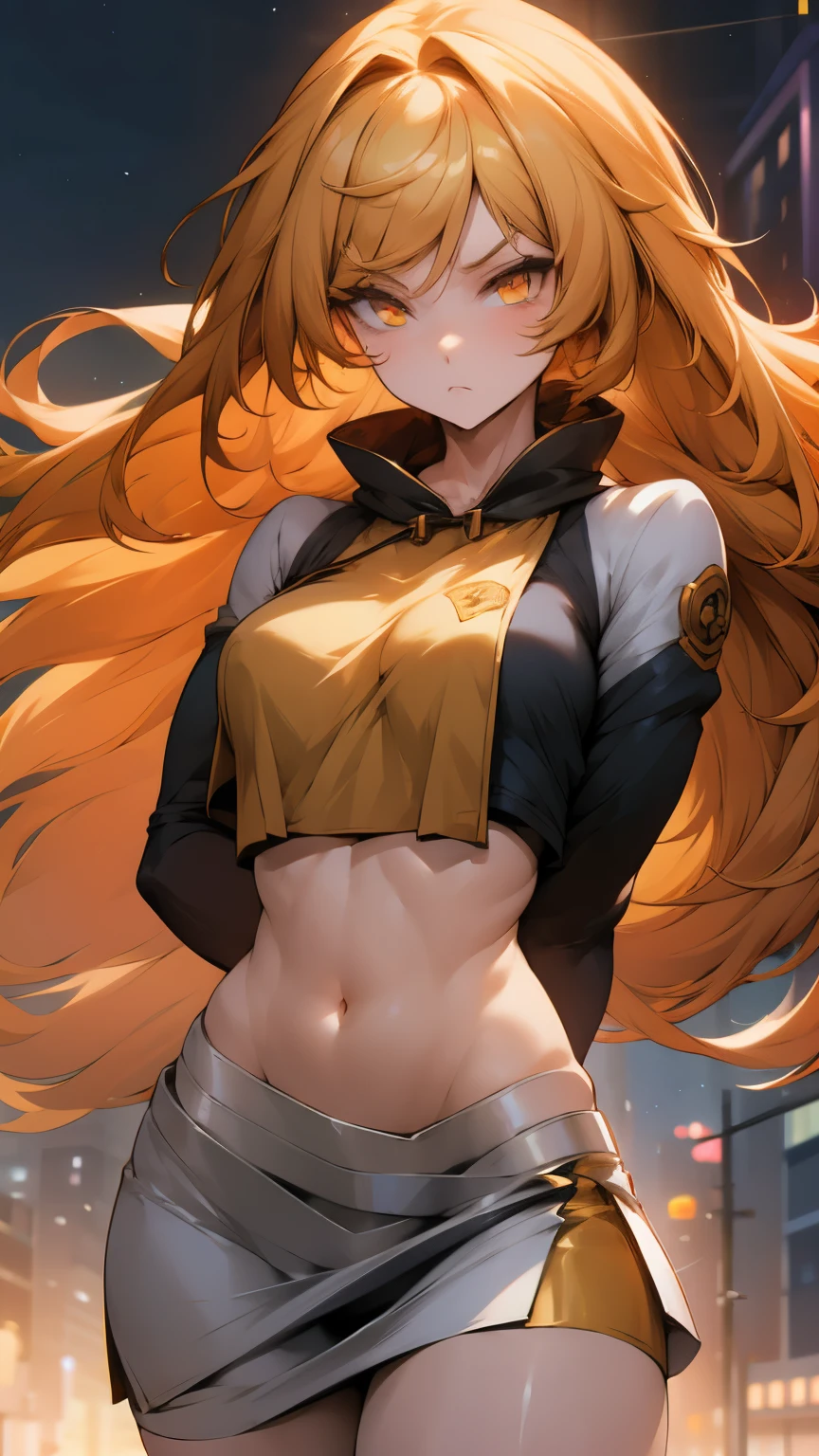 Anime girl, 1 anime girl, golden hair, golden eyes, golden pupils, glowing eyes, thick hair, blown by the wind, crop top, mini skirt, blush, sunlight, starlight, night, street city landscape, white skin, winter fashion outfit, beautiful, Sassy face, sassy pose