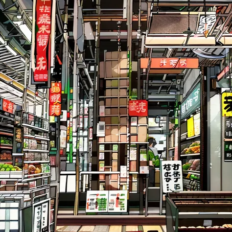 "(best quality,highres,realistic:1.2),vibrant,colorful:1.1,grocery 店, ジア, convenience 店, スーパーマーケット,view of a bustling 店 with a w...