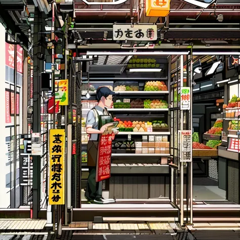 "(best quality,highres,realistic:1.2),vibrant,colorful:1.1,grocery 店, ジア, convenience 店, スーパーマーケット,view of a bustling 店 with a w...