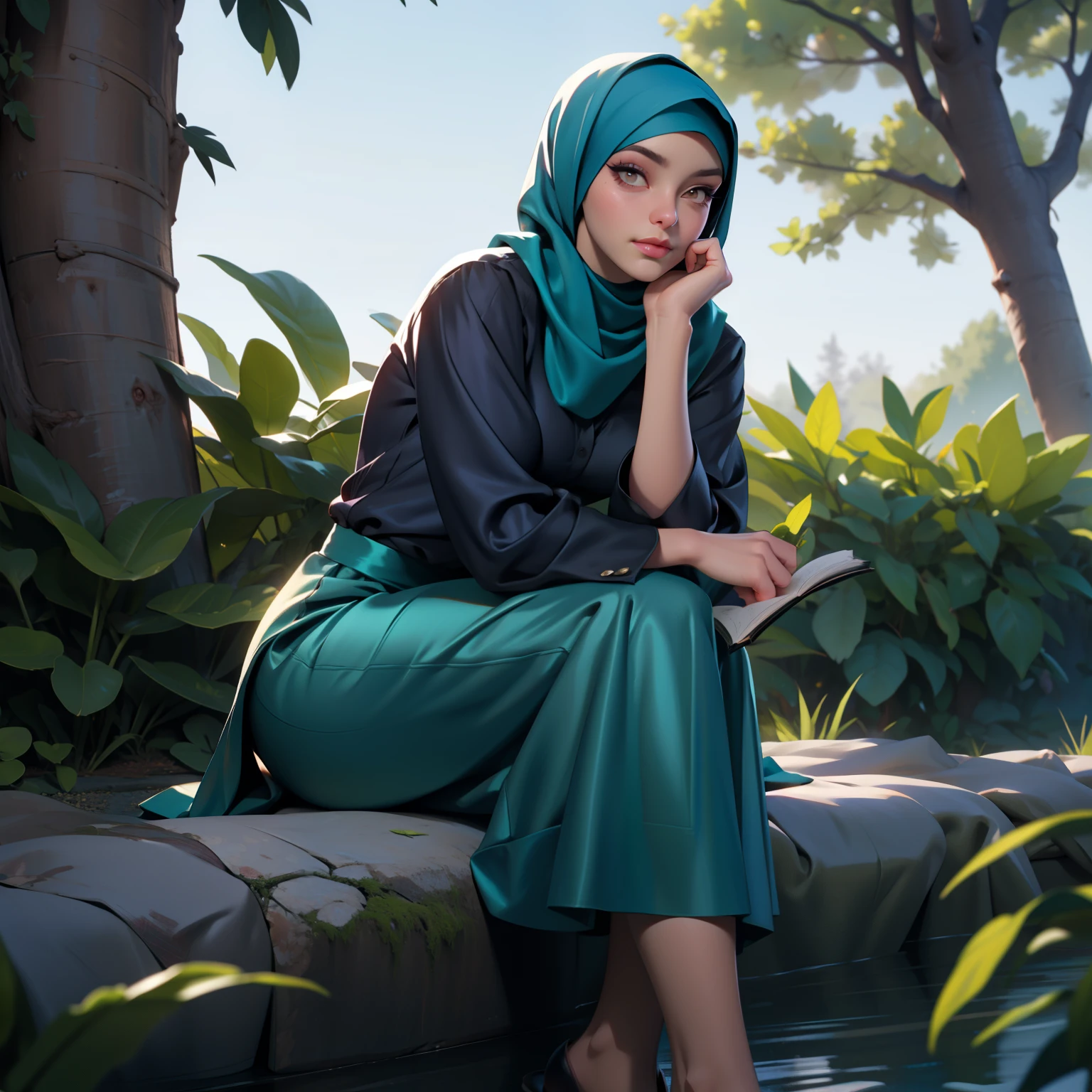 (3DMM:0.5), ((Masterpiece, best quality)), photography, detailed skin, realistic, photo-realistic, 8k, highly detailed, [full length frame, Front view], High detail RAW color art, diffused soft lighting, shallow depth of field, sharp focus, hyperrealism, cinematic lighting, shiny satin, silk, hijab, a Turkish lady, beautifully makeup, eyeshadow, brown eyes, beautiful big eyes, long eye lashes, wearing (Teal satin hijab), loosely tide hijab style, ((gray satin shirt and satin long skirt)), reading, sitting under tree, garden