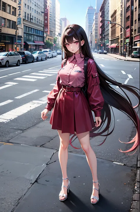 Standing pose, the perfect anime girl with absurd very long brunette hair, pink eyes, with five fingers, beautiful hands pose, w...