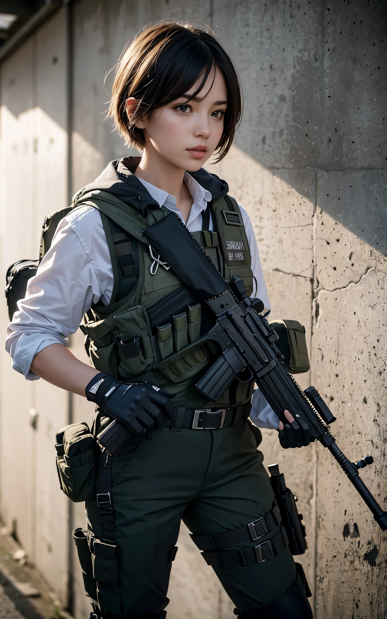 ((Best Quality, 8K, Masterpiece: 1.3)), ((best quality)), photorealistic, photorealism, 1girl aiming with an ak-47 assault rifle, Combat pose, Photorealistic, high resolution, looking to the camera, (Detailed face), short hair, nylon short pants, tactical vests, military harness, Gun,black gloves, high-tech headset, Fingers are occluded, concrete wall background,