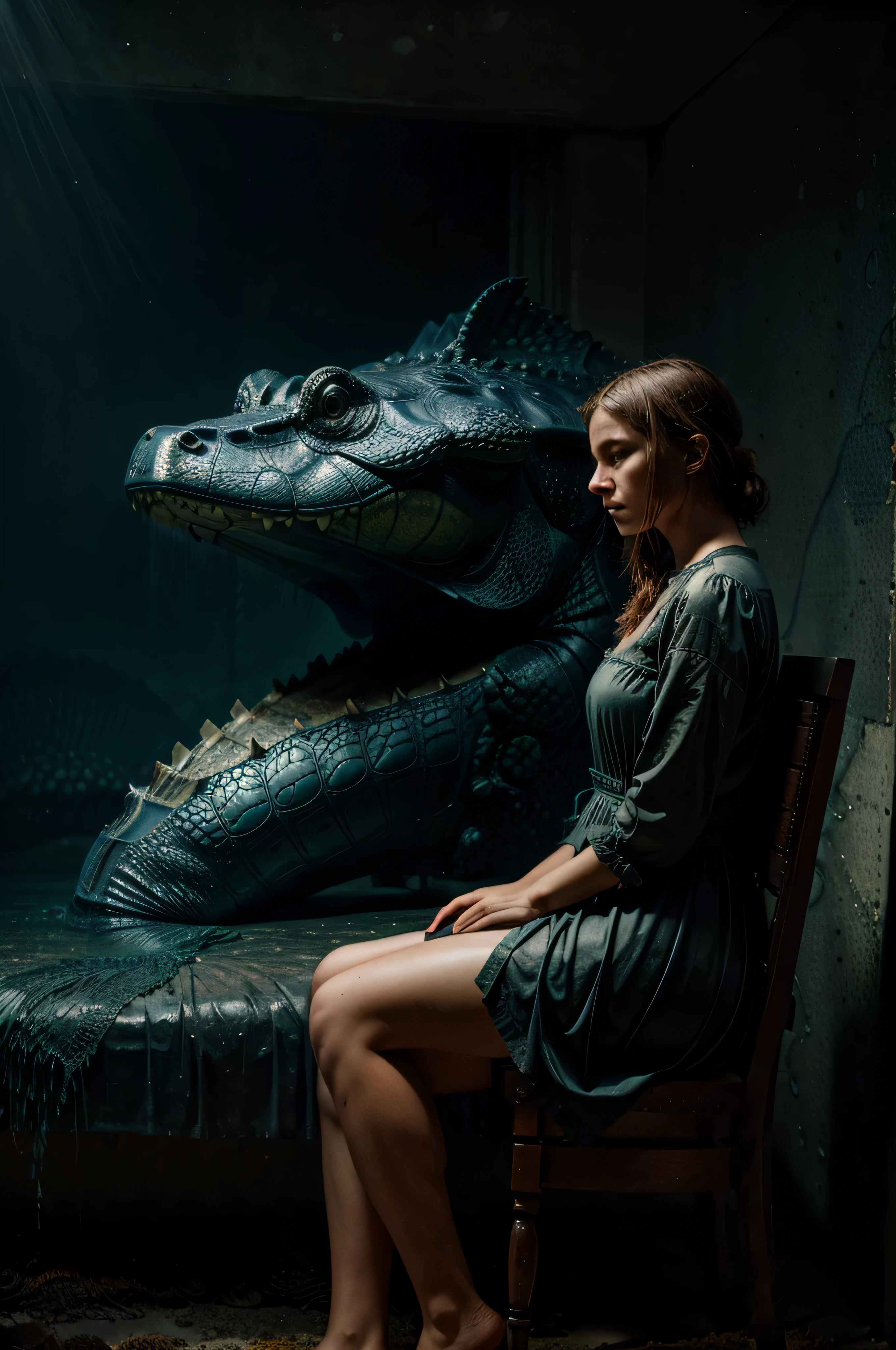 masterpiece, intricate detail, a close up of a big alligator as a human, in a atmospheric portrait, sitting underwater on a chair in profile, holding a WWII sea mine on a chain like a balloon, underwater in an ocean, (airbubbles, seaweeds, fish, corals, sunlight beams: 1,8) evening light, full body photography, by Alexander Mann, by Thomas Bock, by Matthias Weischer, mysterious portrait, a still of an ethereal, inspired by Katia Chausheva, thick dust and red tones, inspired by Emma Andijewska, by Antoni Pitxot, mysterious animal