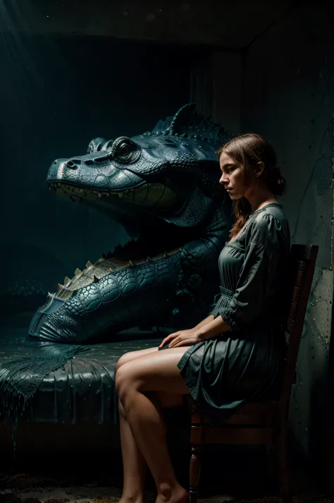 masterpiece, intricate detail, a close up of a big alligator as a human, in a atmospheric portrait, sitting underwater on a chai...