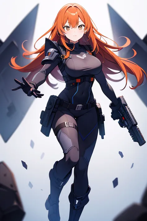 a beautiful orange-haired woman who is dressed in a tight black armored suit that covers her entire body. , having a steel belt ...