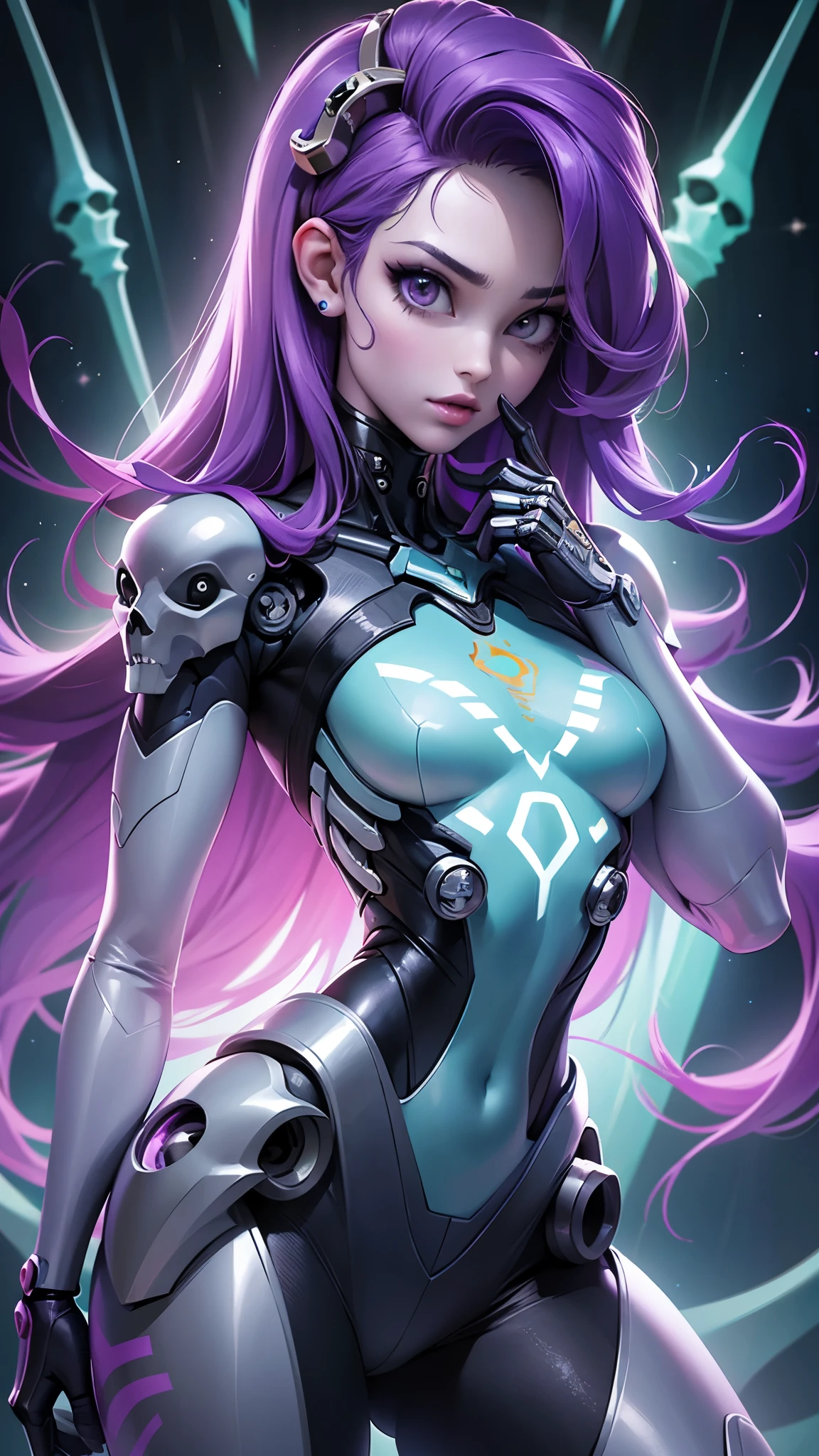 (La Best Quality,A high resolution,Ultra - detailed,actual),Ariana Grande beautiful white girl cyborg skeleton, cyberpunk skeleton, portrait of a cybernetic skeleton, cyborg - girl with silver hair, beautiful chica cyborg, (chica cyborg:1.4), humanoid woman, beautiful cyborg girl, (She has a beautiful bone structure:1.4),,More detailed 8K.unreal engine:1.4,UHD,La Best Quality:1.4, photorealistic:1.4, skin texture:1.4, masterpiece:1.8,first work, Best Quality,object object], (detailed face features:1.3),(The correct proportions),(convex Detailed fingers),(Beautiful blue eyes), (cowboy pose) , (Tokyo city cyberpunkAI background:1.4), (It has a transparent body inside, purple metallic cybernetic skeleton:1.4), (atlantis laboratory background:1.4) , (transparent body violet glass), 