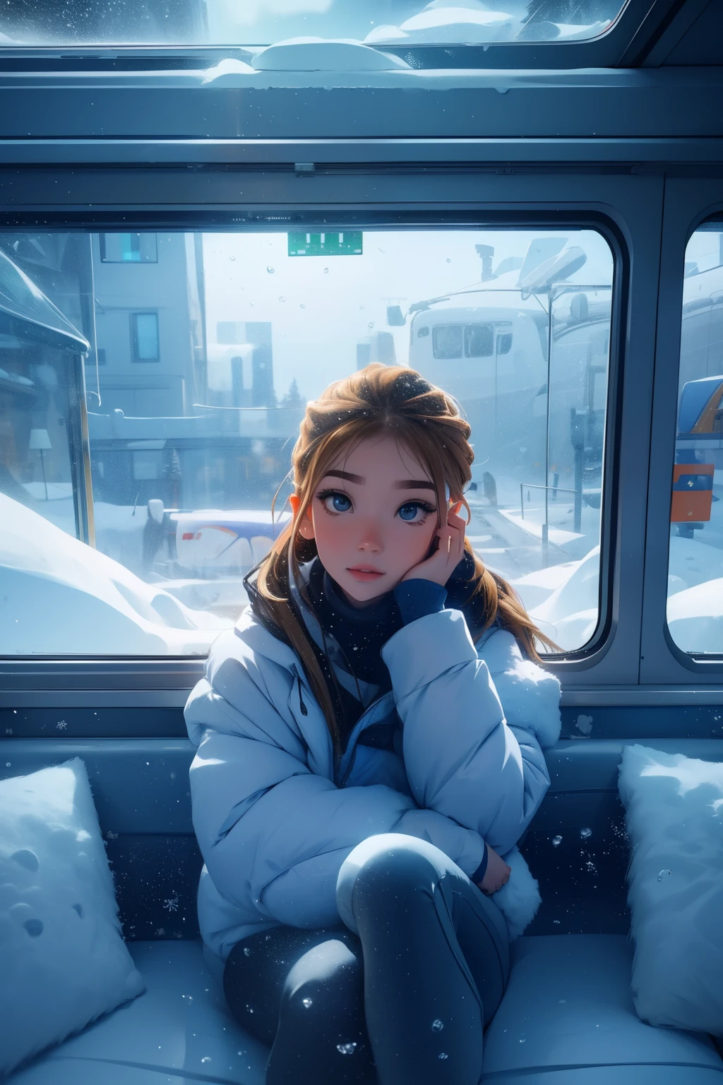 train,  sitting near window,  underwater pose, Look into your eyes, head glued to glass, Snowy landscape passing by at high speed, overnight trip, Beautiful starry sky, Beautiful girl, UHD Portrait, (high quality) (ultra detail) Observation of viewers wearing hip-hop style padded clothes; another, colourful, long hair with light brown color 🌈