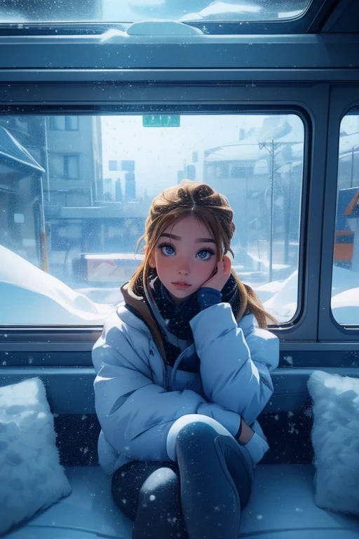 train,  Sitting by the window, looking surprised at the scenery,  Smiling bright expression pose, Look into your eyes, head glued to glass, Snowy landscape passing by at high speed, overnight trip, beautiful snow shining sky, Beautiful girl, UHD Portrait, (high quality) (ultra detail) Observation of viewers wearing hip-hop style padded clothes; another, colourful, long hair with light brown color 🌈