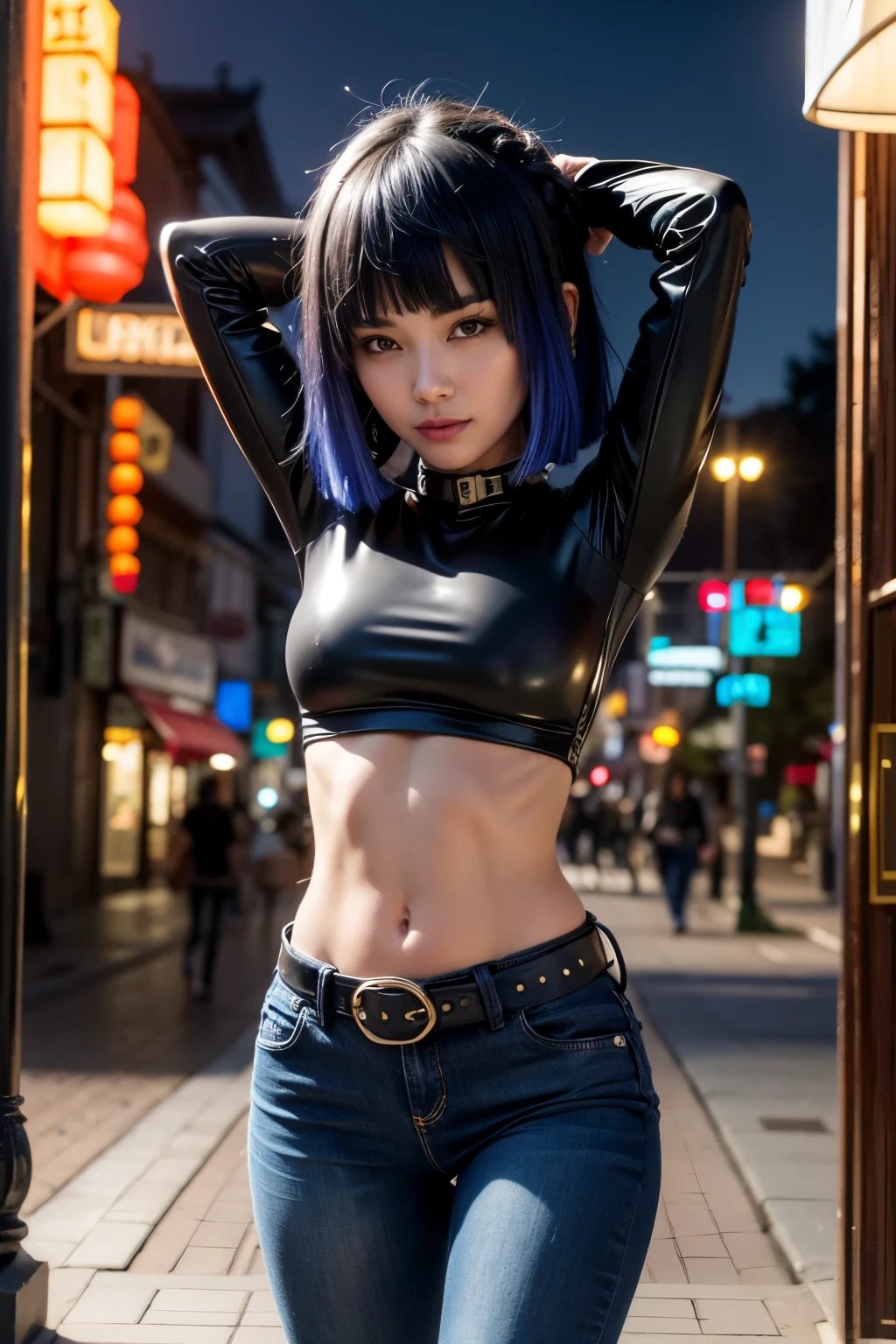 (Long sleeved latex top, dark blue jeans, iron belt, heels), ((midriff, navel, upper body)), high quality, best quality, high details, masterpiece, 2k, 4k, chinese town boulevard, night, standing, arms up, evil smile, looking at viewer