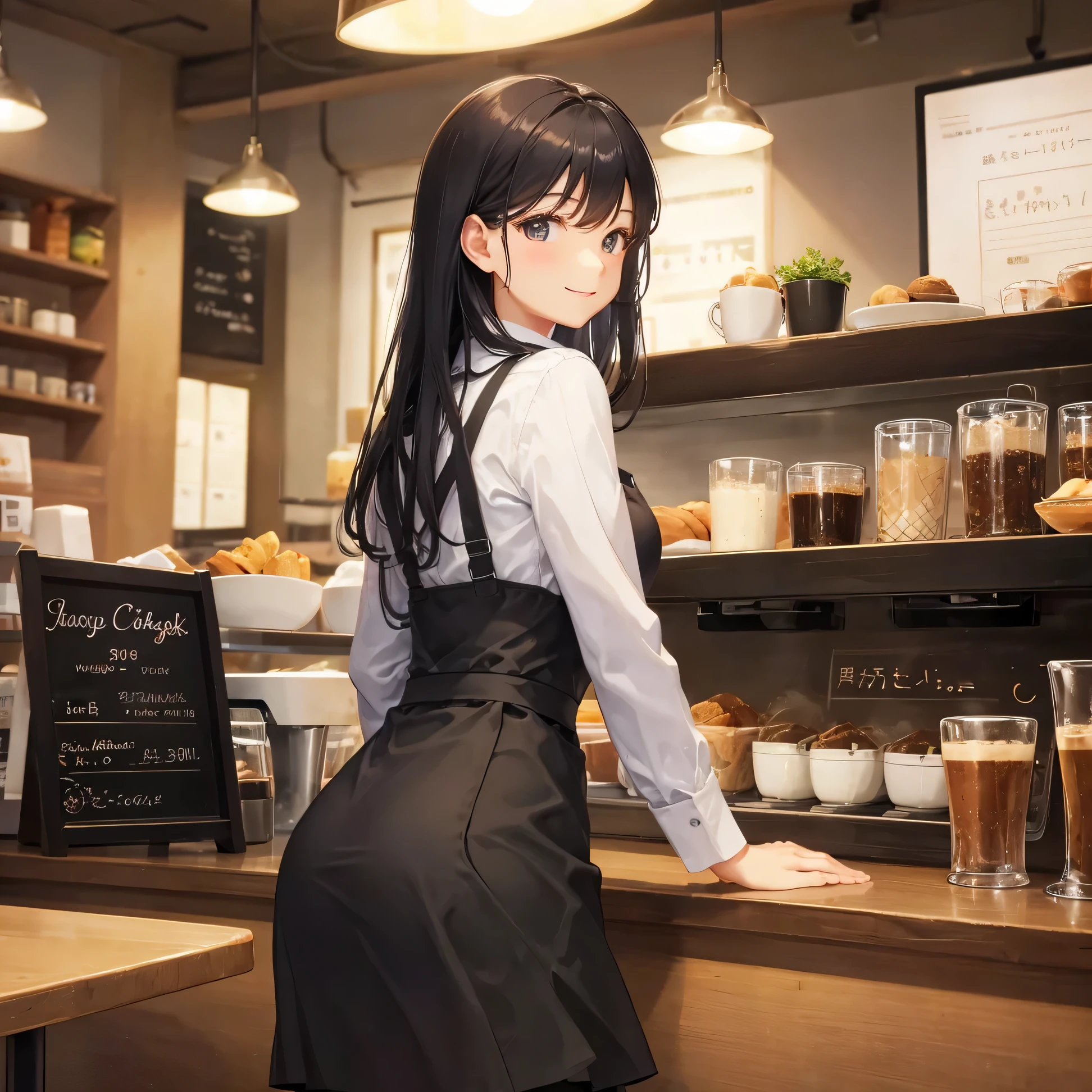 cafe clerk　Tight Skirt　1 woman in her 30s　Cafe at night　smile gently　black hair medium long