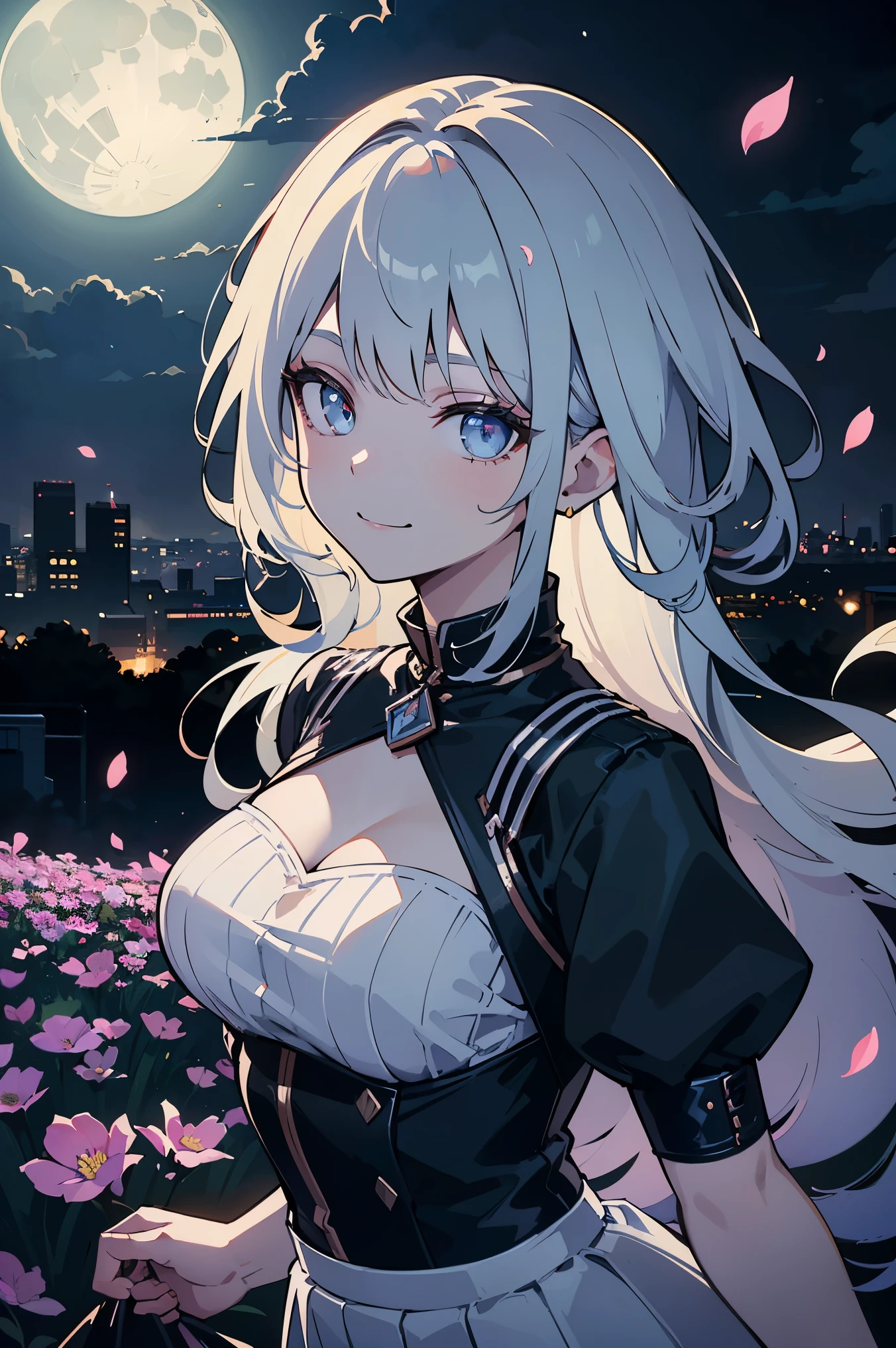 masterpiece, best quality,, 1girl, (colorful),(finely detailed beautiful eyes and detailed face),cinematic lighting,bust shot,extremely detailed CG unity 8k wallpaper,white hair,solo,smile,intricate skirt,((flying petal)),(Flowery meadow), sky, cloudy_sky, building, moonlight, moon, night, (dark theme:1.3), light, fantasy,
