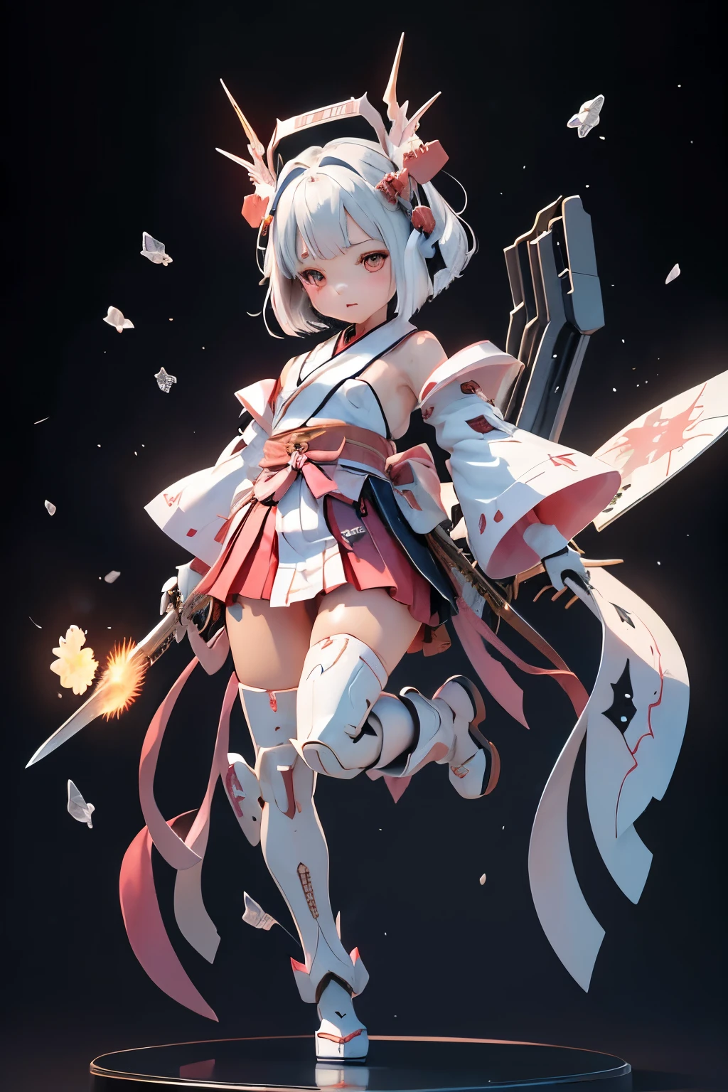 (highest quality)), ((masterpiece)), (very detailed: 1.3), 3d, {(japanese young girl)}, white theme, (ware a scarlet hakama:1.2), wear shrine maiden anime costume, (She is fused with futuristic Gundam mecha:1.2), with headgear, with v-fin , armored shoulders,armored under arms, armored under legs, (holding a Japanese sword in the right hand:1.2), multilayer textureperfect proportions, octane rendering, duotone lighting, Low ISO, wide aperture, White balance, Rule of thirds, ultra HD16k, HDR (High Dynamic Range), Ray Tracing, nvidia RTX, Super Resolution, Subsurface Scattering, PBR Texturing, Post Processing, Anisotropic Filtering, Depth of Field, Maximum Clarity and Clarity, High efficiency subpixel, subpixel convolution, particles of light, light scattered, Tyndall effect, full body:1.5, battle pose, cute, (cute:1.2), (bob cut:1.3),Braid, Black Hair, Thick eyebrows, Light-colored irises, Big, bright black eyes, Long eyelashes, Small, light-colored, natural lips, (Average face of Japanese idols), (The uniquely Japanese childlike face:1.3), (baby face), Wide forehead:1.2, Plump Cheeks, Small jaw, visible side boob, broken streets, Broken City,looking at viewer,Focus on the eyes, (Four perfect fingers, One thumb),