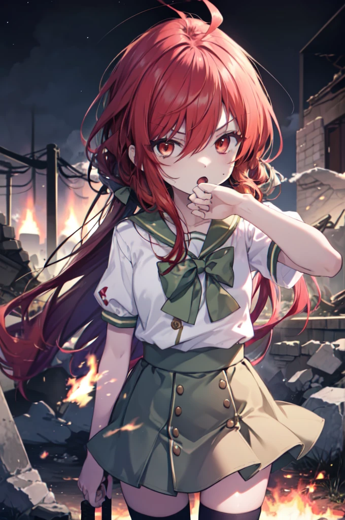 1 girl, cowboy shot, rubble ruins, anger, (Combat readiness:1.2), open your mouth, (night:1.2), Explosive inflammation,Shana, red eyes, redhead, very long hair, hair between eyes, (Ahoge:1.1), , school uniform, serafuku, white shirt, short sleeve, green skirt, Thighhighs, Black rider suit,Left hand flaming Japanese sword,While wiping my mouth with my right hand,highest quality, masterpiece, High resolution, 