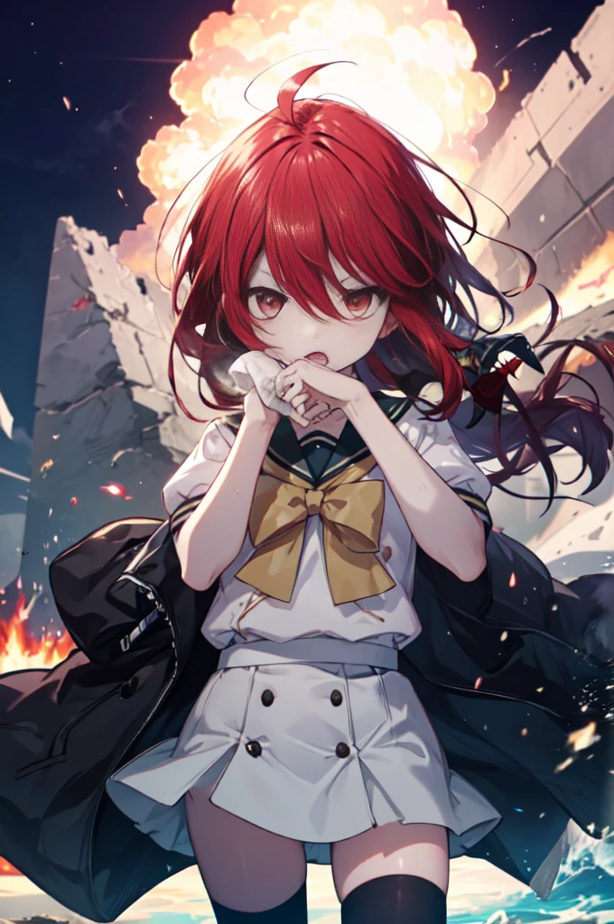 1 girl, cowboy shot, rubble ruins, anger, (Combat readiness:1.2), open your mouth, (night:1.2), Explosive inflammation,Shana, red eyes, redhead, very long hair, hair between eyes, (Ahoge:1.1), , school uniform, serafuku, white shirt, short sleeve, green skirt, Thighhighs, Black rider suit,Left hand flaming Japanese sword,While wiping my mouth with my right hand,highest quality, masterpiece, High resolution, 