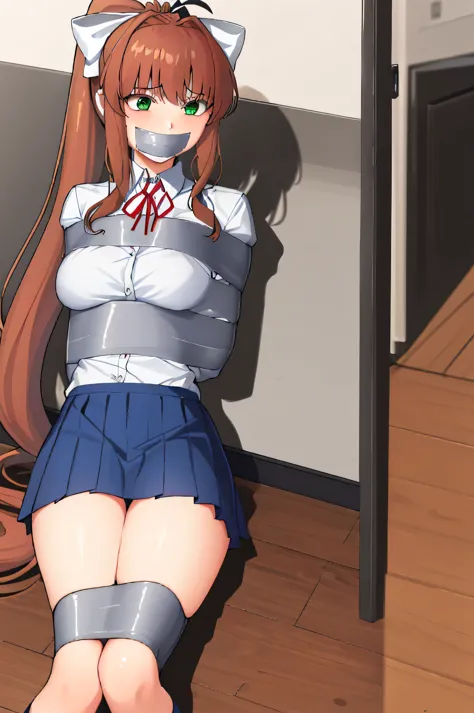 masterpiece, best quality, anime, highly detailed, 1girl, solo, school uniform, standing, classroom, monika, green eyes, brown hair, very long hair, ponytail, hair ribbon, white ribbon, gagged, bound, tied on the floor, kidnapped, bondage, 