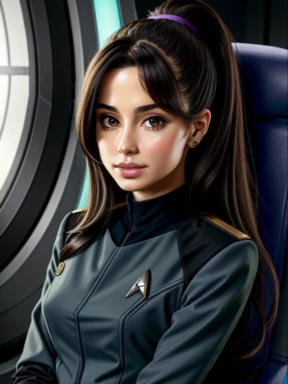 geboren, Foto, professionelles Porträt, Sarah Shahi, Star Trek: TOS-Wissenschaftsuniform,Ariana Grande