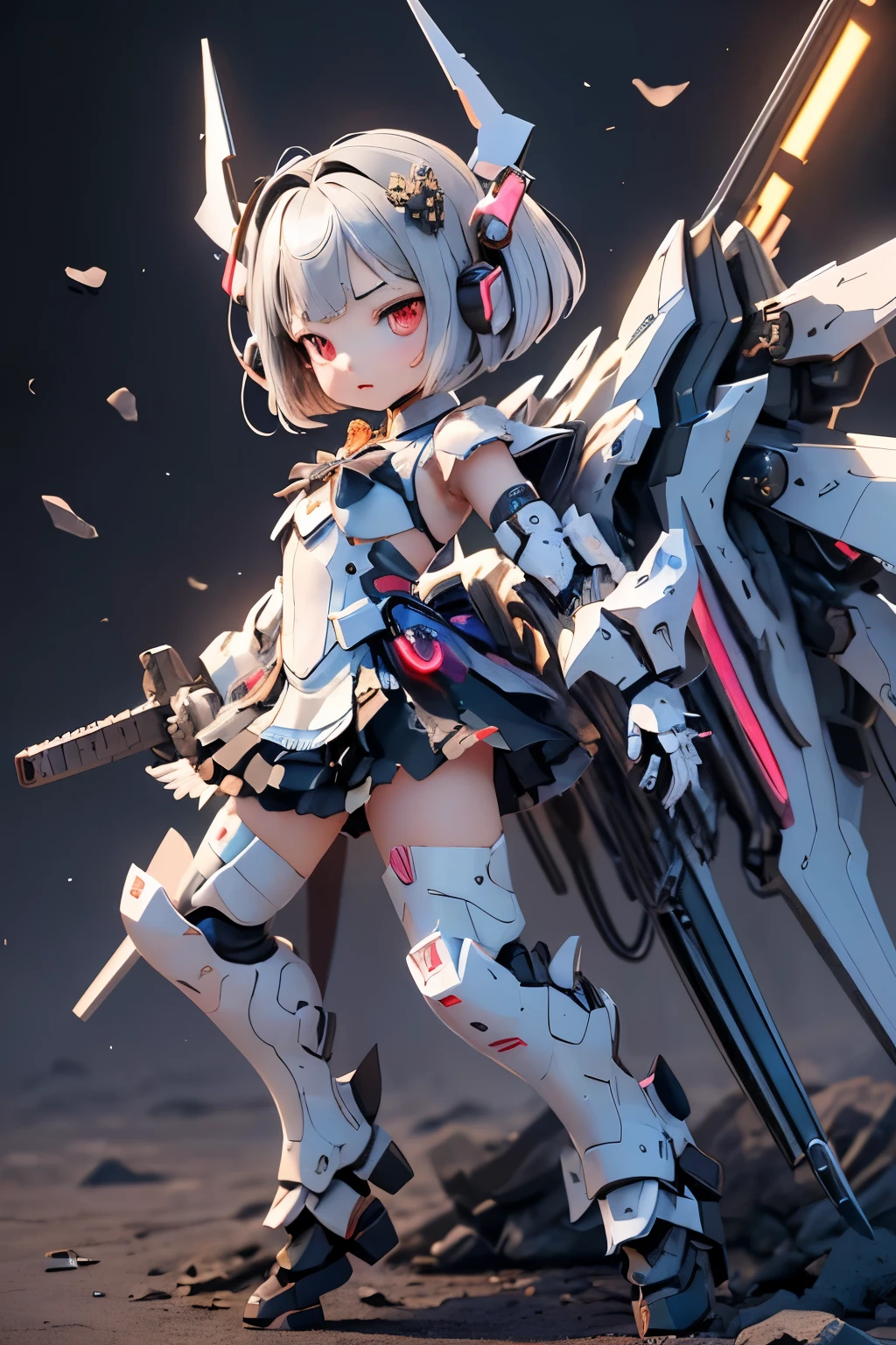 (highest quality)), ((masterpiece)), (very detailed: 1.3), 3d, {(young girl)}, wear gothic lolita clothes with white frills, (She is fused with futuristic Gundam mecha), with headgear, with v-fin , armored shoulders,armored under arms, armored under legs, multilayer textureperfect proportions, octane rendering, duotone lighting, Low ISO, wide aperture, White balance, Rule of thirds, ultra HD16k, HDR (High Dynamic Range), Ray Tracing, nvidia RTX, Super Resolution, Subsurface Scattering, PBR Texturing, Post Processing, Anisotropic Filtering, Depth of Field, Maximum Clarity and Clarity, High efficiency subpixel, subpixel convolution, particles of light, light scattered, Tyndall effect, full body:1.5, battle pose, cute, (cute:1.2), (bob cut:1.3),Braid, Black Hair, Thick eyebrows, Light-colored irises, Big, bright black eyes, Long eyelashes, Small, light-colored, natural lips, (Average face of Japanese idols), (The uniquely Japanese childlike face:1.3), (baby face), Wide forehead:1.2, Plump Cheeks, Small jaw, visible side boob, (holding a huge weapon:1.5), in the hangar,looking at viewer,Focus on the eyes , (Four perfect fingers, One thumb),