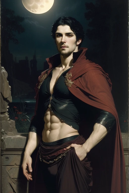 Standing pose, oil painting, ((Dark night, full moon))handsome vampire man with dark hair and white skin, wearing white briefs, abs, chest, slim waist, Daniel gerhartz style, detailed face, detailed skin, front, background gothic castle ruins, style of Daniel gerhartz, masculine appeal, pre-Raphaelite movement, neoclassical style, ((one Male,)), ((Red BRIEFs)), goth, fractal isometrics details, vanta black cape, black briefs, perfect composition, renaissance style, centered, perfect composition, canvas texture, landscape background, Masterpiece.pastoral scene. Like a Bouguereau painting. Golden sunlight suffuses the scene. ,oil painting