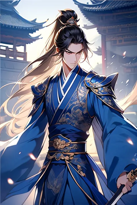 best quality at best，tmasterpiece，16k,a boy holding a sword，fighting posture，blue clothes，hanfu，long hair and high ponytail，natt...