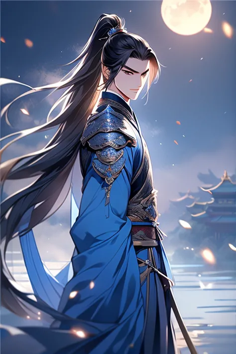 best quality at best，tmasterpiece，16k,a boy holding a sword，fighting posture，blue clothes，hanfu，long hair and high ponytail，natt...