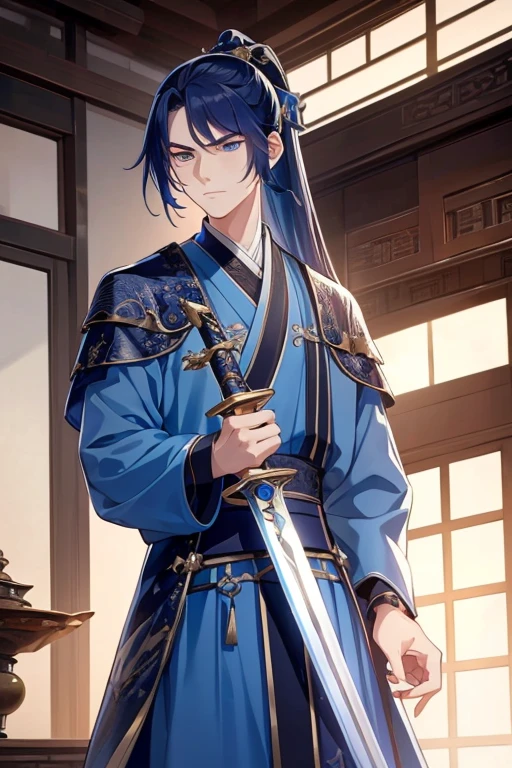 Best quality，tmasterpiece，16k,a boy holding a sword，Fighting posture，blue clothes，Hanfu，Long hair and high ponytail，natta，rays of moonlight，Asian architecture，Elaborate Eyes，scowling，worry，xianxia，Upper part of the body，