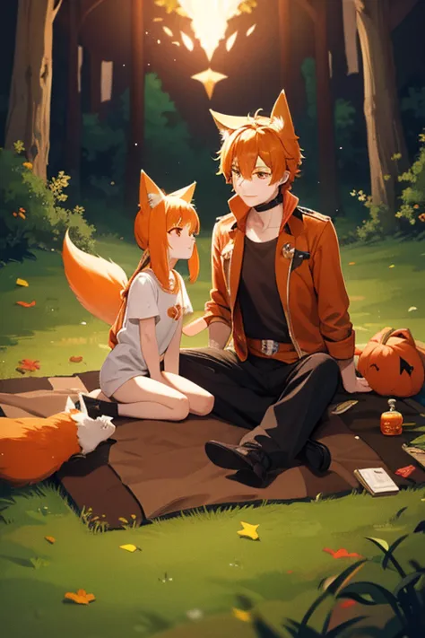 An orange haired man with orange eyes and orange fox ears and an orange fox tail is feeding a raven by a campfire