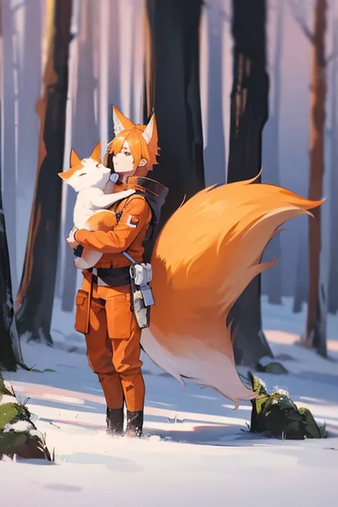 An orange haired man with orange eyes and orange fox ears and an orange fox tail is holding a fox in the woods.