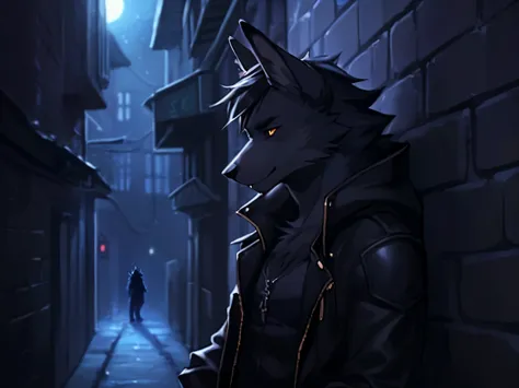 Wolf boy, leaning from the wall in an alley,Quite dark (the character cannot be perceived, only a little of his eyes, dark givin...
