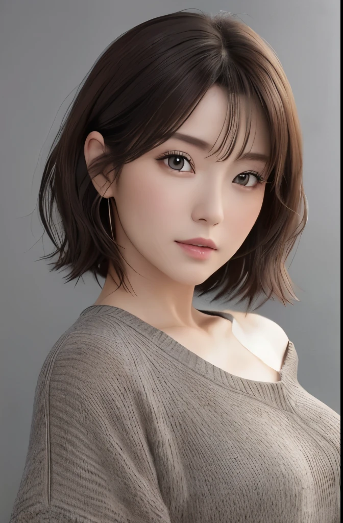 (Representative works:1.3)、(8k、photorealistic、Raw photo、Highest image quality:1.4)、(30 years old mature woman)、small face、beautiful face、(realistic face)、no makeup、natural makeup、Light makeup、 (Dark brown、short hair:1.3)、beautiful hairstyle、realistic eyes、beautiful detailed eyes、 (photorealisticな肌)、beautiful skin、 (sweater),,Bust B cup、 Disorganized、 charm, 超High definition, Super realistic, High definition, Golden Ratio FF Tifa、Gray background、