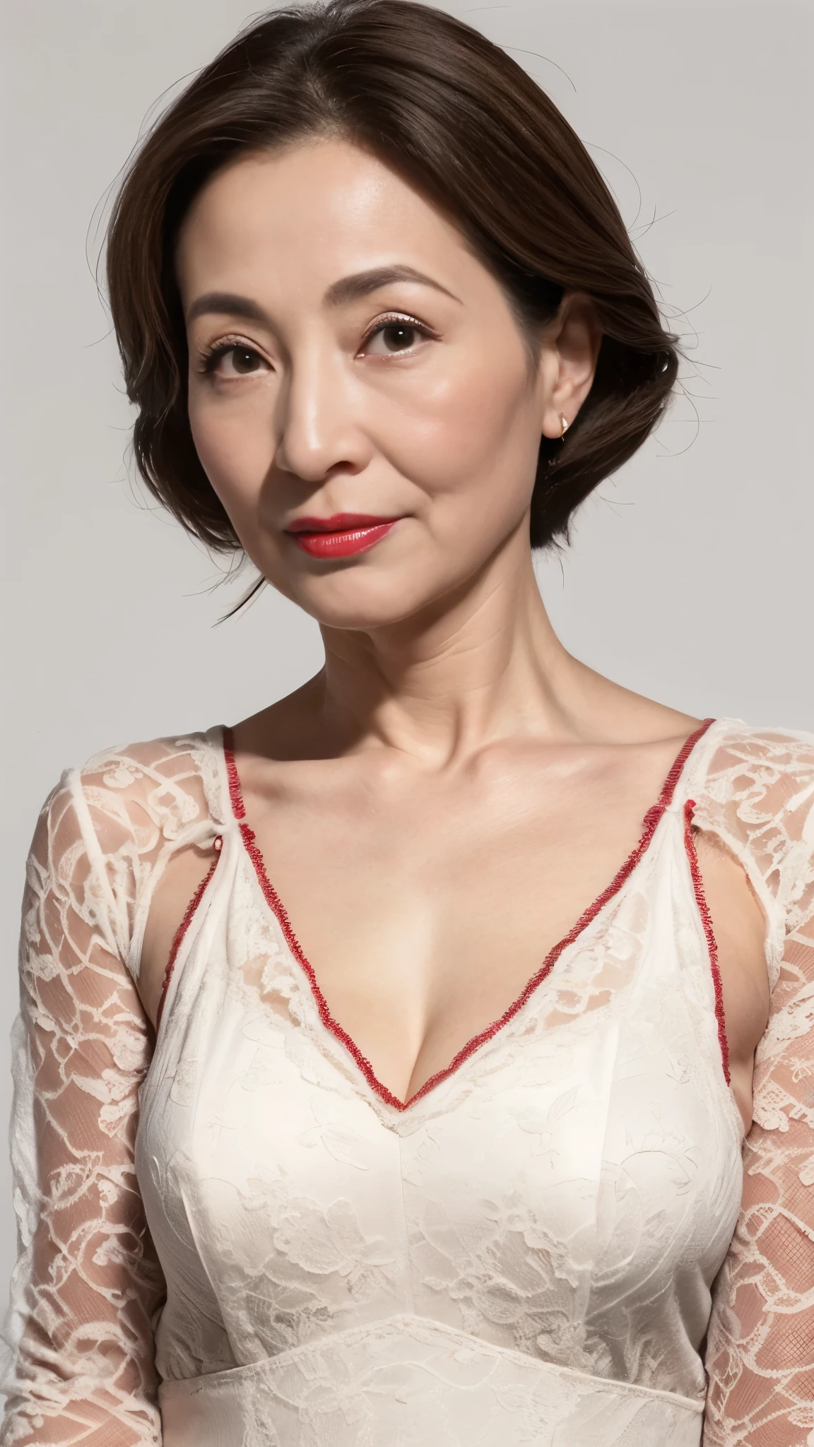 A close up of a woman in a white dress with a red trim - SeaArt AI