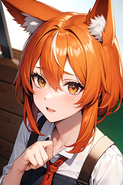 An orange haired man with orange eyes and orange fox ears and an orange fox tail is  teaching a class 