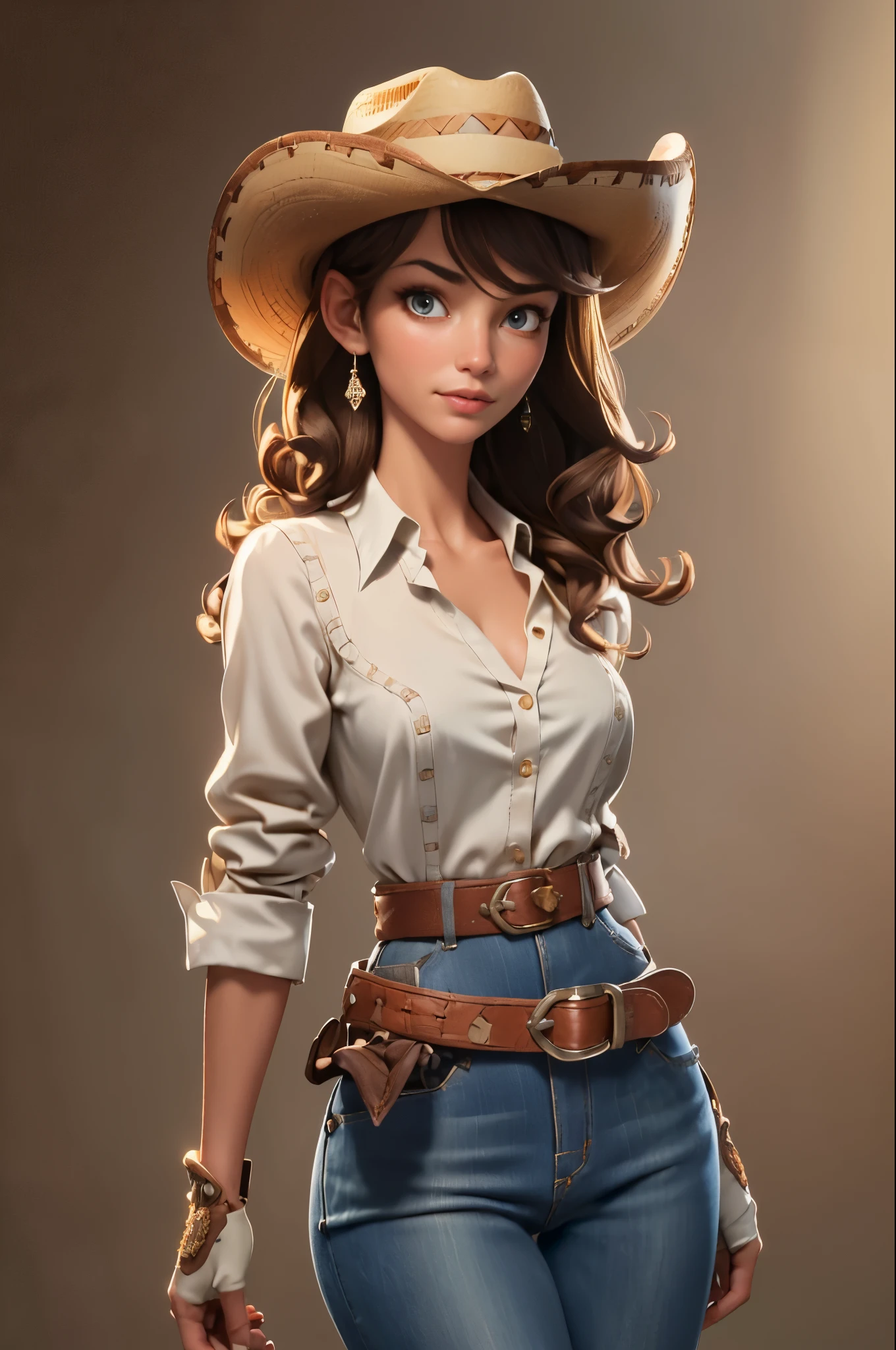 (((((solo))))),(((((masterpiece))))), (((((best quality))))),(((((highly detailed))))), finely detailed, Depth of field,detailed clothes, ((cygames)), highres,
1girl, bangs, (beautiful detailed face:1.3), collarbone, collared shirt, ((white shirt)), button open to show cleavage, show belly, grey eyes, brown hair, ((curly hair)), cleavage, ((cowboy)), (cowboy hat:1.3), short gloves. fingerless gloves, hat, medium breasts, navel, neckerchief, long hair, grey zinc, healthy thighs, gun belt ,cowboy western, sunny desert background, thigh gap