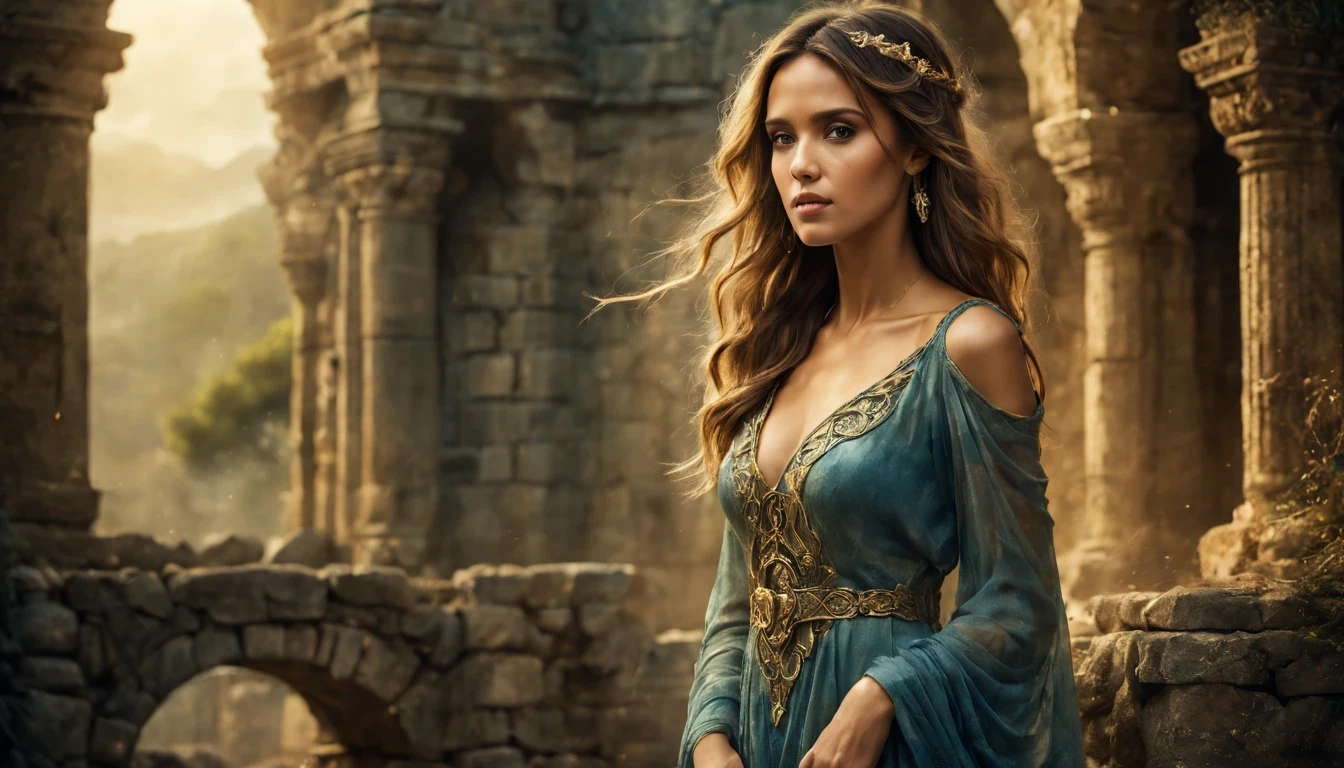 Mulher guerreira celta, (Jessica Alba), (22 anos), Stone ruins, alta e esguia, vestido longo Azul Marinho com dourado, flowy with celtic knot jewelry, procriar, watercolor technique, Poster design, 300 DPI, soft lighting, ethereal art, misteriosa, serene expression, atmosfera encantadora, bokeh, foto, 8k, escuro , dynamic action, estilo desbotado, nostalgic dreamer, foco suave, vinhetas escuras, vazamentos de luz, medium shot photograph, Ethereal dark artistic painting, extravagante, coarse-grained photo