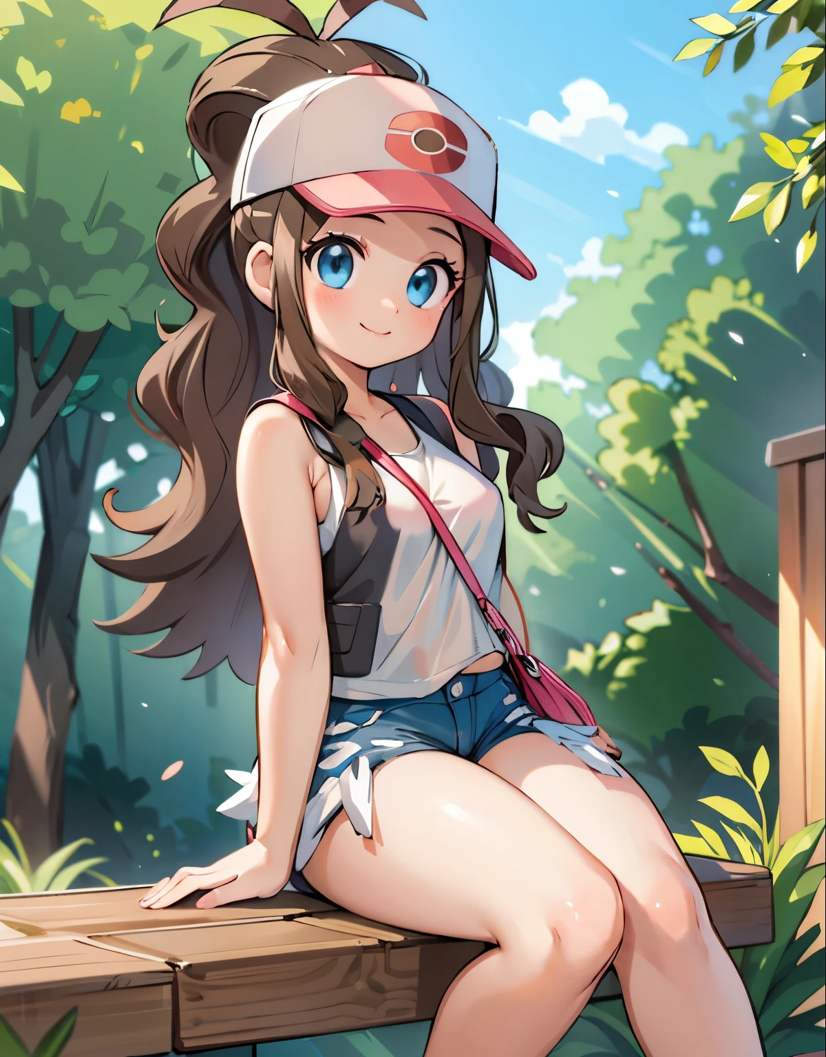 (best quality, highres, masterpiece:1.2), ultra-detailed, realistic:1.37, sketches, hilda pokemon, def1, teenage girl, sitting on her knees, curvy, visible thighs, chubby thighs, thick thighs, thighs in the foreground, body shape, mexican town, piramids, curious look, pokeballs, smile, encanto femenino, love letter, downblouse