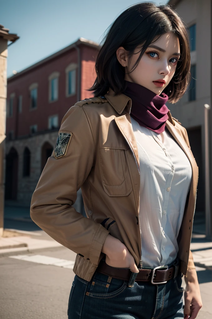 (Best Quality, Masterpiece:1.4), (Realism:1.2), (Realisitc:1.2), (Absurdres:1.2), (photorealistic:1.3), 1girl,Realistic Skin,Solo,( Very Big Eyes,beautiful detailed eyes, symmetric eyes), outdoors,cowboy shot,mikasa_ackerman, scarf, jacket, paradis military uniform, belt, thigh strap