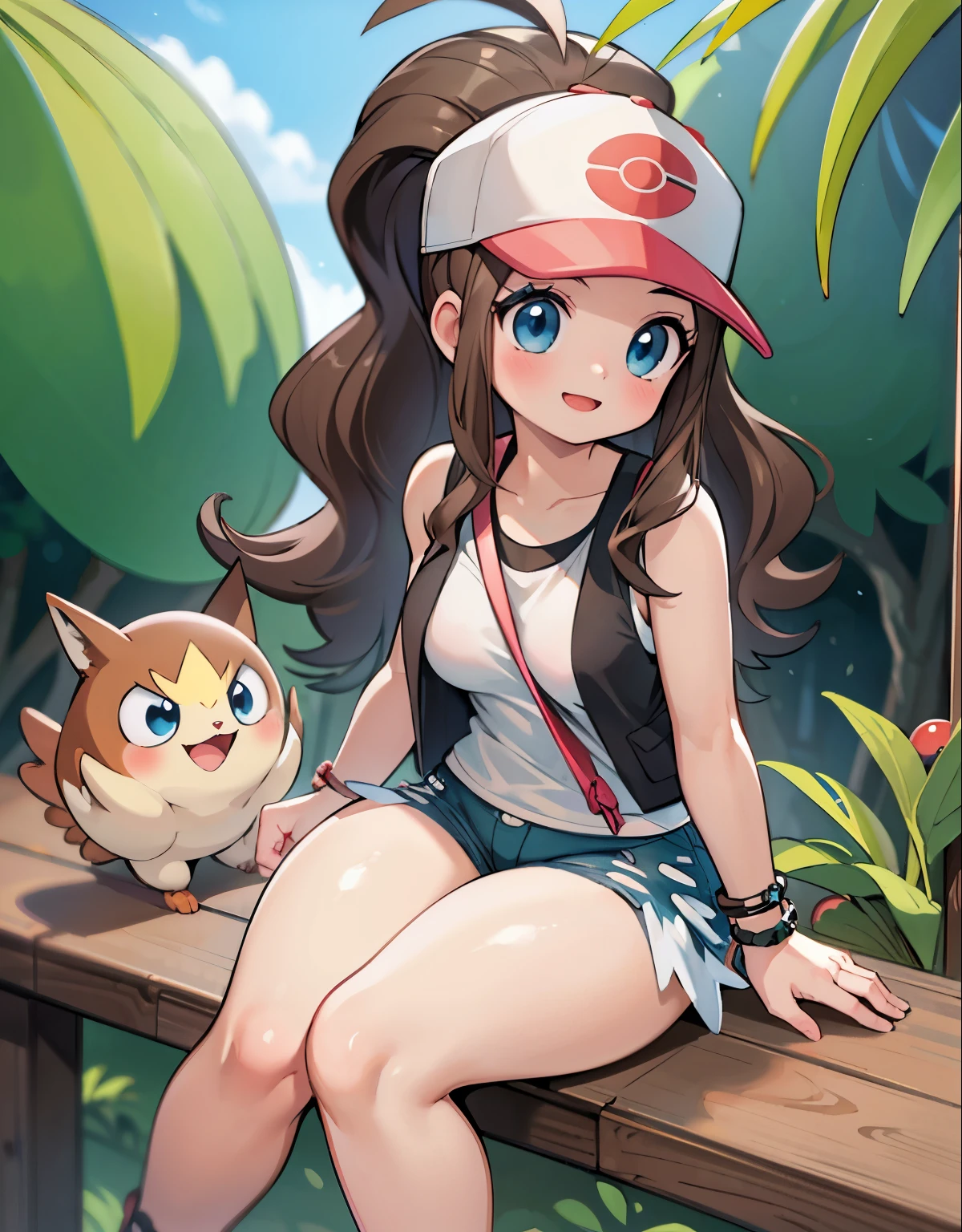 (best quality, highres, masterpiece:1.2), ultra-detailed, realistic:1.37, sketches, hilda pokemon, def1, teenage girl, sitting on her knees, curvy, visible thighs, chubby thighs, thick thighs, thighs in the foreground, body shape, mexican town, piramids, curious look, pokeballs, smile, encanto femenino, love letter, downblouse
