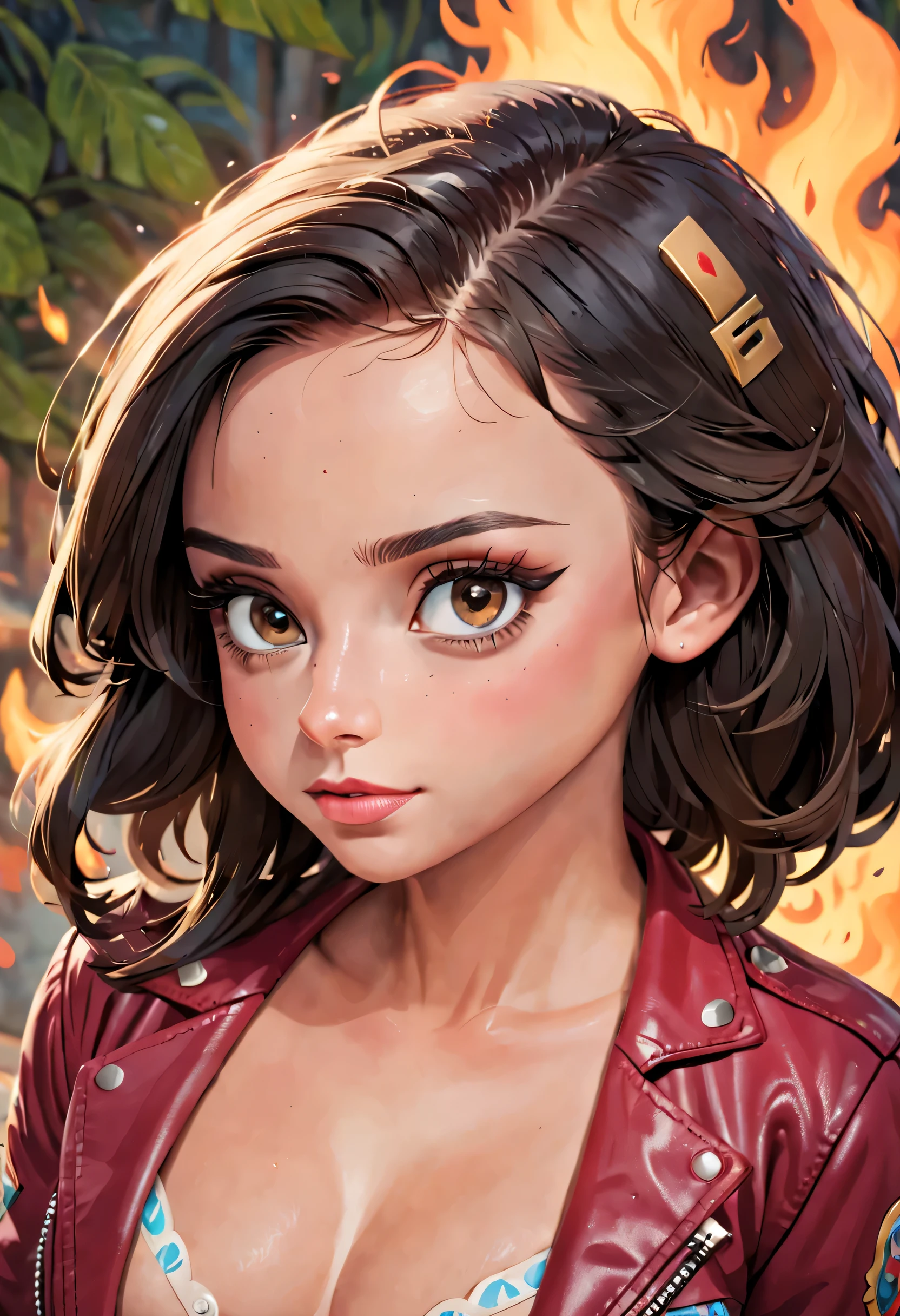 (best quality,highres,masterpiece:1.2),ultra-detailed,realistic eyes,beautiful detailed lips,extremely detailed eyes and face,long eyelashes,Brie Larson-esque face:1.1,aspects of Selena Gomez, Vanessa Hudgens, and Hailee Steinfeld:1.1,Colombian body:1.1,erotic clothing,pin-up style,attractive pose, standing, wearing a red leather jacket with fire symbols, professional lighting,lush background,artistic composition,vibrant colors.