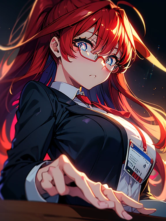 masterpiece, highest quality, 1 girl, Satsuki Nakano,Satsuki Nakano　The Bride of Fifths,Red hair,Ahoge,long hair,blue eyes,Girl eating food,at a table,Amazing eyes, ponytail, big breasts , OL, Akabuchi Glasses, Fundo, black suit jacket, collared jacket, white dress shirt, collared shirt, neckline, button, strap, ID card on neck, black pencil skirt, black pantyhose,(masterpiece:1.2), highest quality, High resolution, unity 8k wallpaper, (figure:0.8), (beautiful and fine eyes:1.6), highly detailed face, perfect lighting, Very detailed CG, (perfect hands, perfect anatomy),