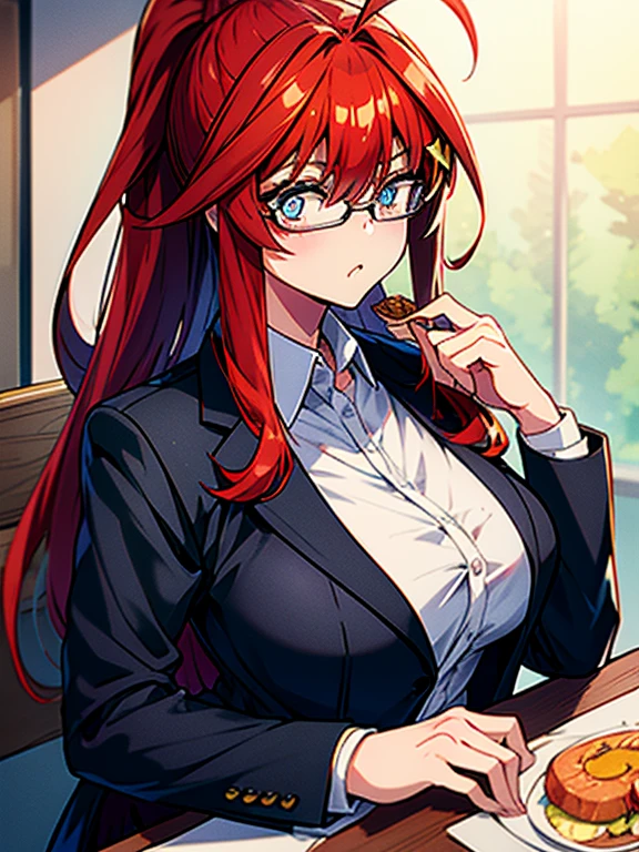 masterpiece, highest quality, 1 girl, Satsuki Nakano,Satsuki Nakano　The Bride of Fifths,Red hair,Ahoge,long hair,blue eyes,Girl eating food,at a table,Amazing eyes, ponytail, big breasts , OL, Akabuchi Glasses, Fundo, black suit jacket, collared jacket, white dress shirt, collared shirt, neckline, button, strap, ID card on neck, black pencil skirt, black pantyhose,(masterpiece:1.2), highest quality, High resolution, unity 8k wallpaper, (figure:0.8), (beautiful and fine eyes:1.6), highly detailed face, perfect lighting, Very detailed CG, (perfect hands, perfect anatomy),