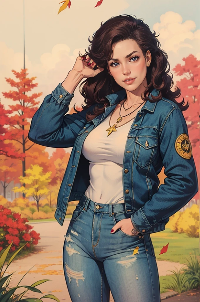 1girl, solo, long hair, looking at viewer, blue eyes, brown hair, shirt, jewelry, jacket, white shirt, open clothes, pants, necklace, nail polish, open jacket, lips, black jacket, head tilt, tattoo, denim, blue jacket, red nails, hand in pocket, jeans, print shirt, denim jacket,background: central park in autumn, trees and leaves falling