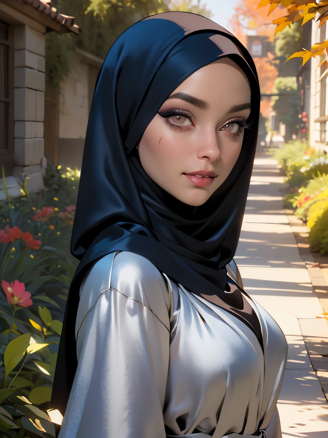 3dmm style, Masterpiece, realistic, best quality, best lighting, beautiful mature Czech woman, 1 girl photo solo, beautifully makeup, eyeshadow, Parted Lips, Detailed Eyes, Big eyes, brown eyes, long eye lashes, dimples on the cheeks, smile, wearing ((Dark blue satin hijab)), loosely tide hijab style, ((gray satin shirt and satin long skirt)), (Half-body portrait), Front view, Symmetric Centre, facing the viewer, walking on trails autumn garden.