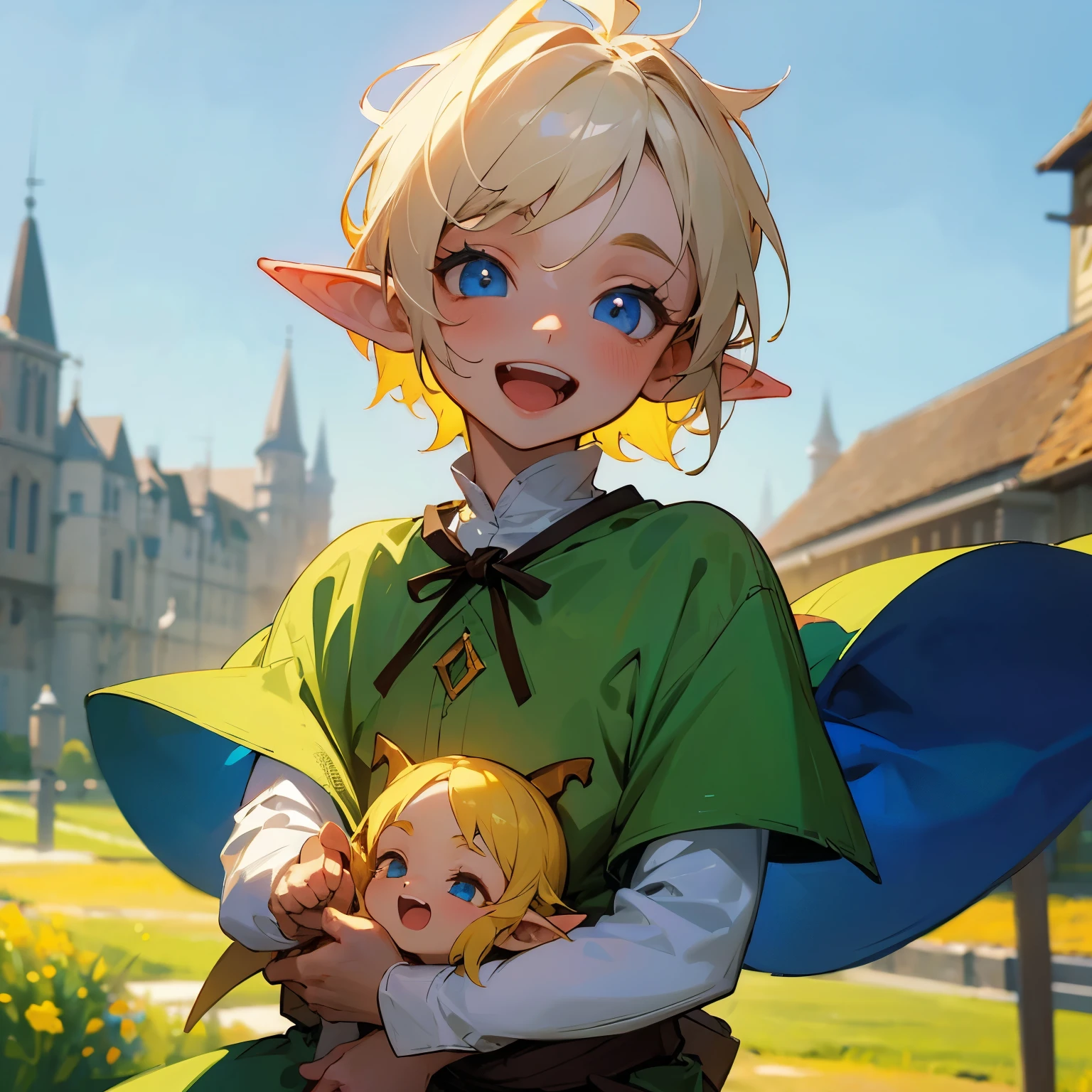 toddler, 1 person only, cherubic face, elf, elvish ears, healing scar across face, young toddler, boy, male, tooth gap, missing teeth, pointy ears, pale blonde hair, pale skin, blue eyes, cute, yellow peasant tunic, medieval, medieval city background, bust portrait neck up, smiling widely, happy, huge smile, open mouth, 1 person, painterly,