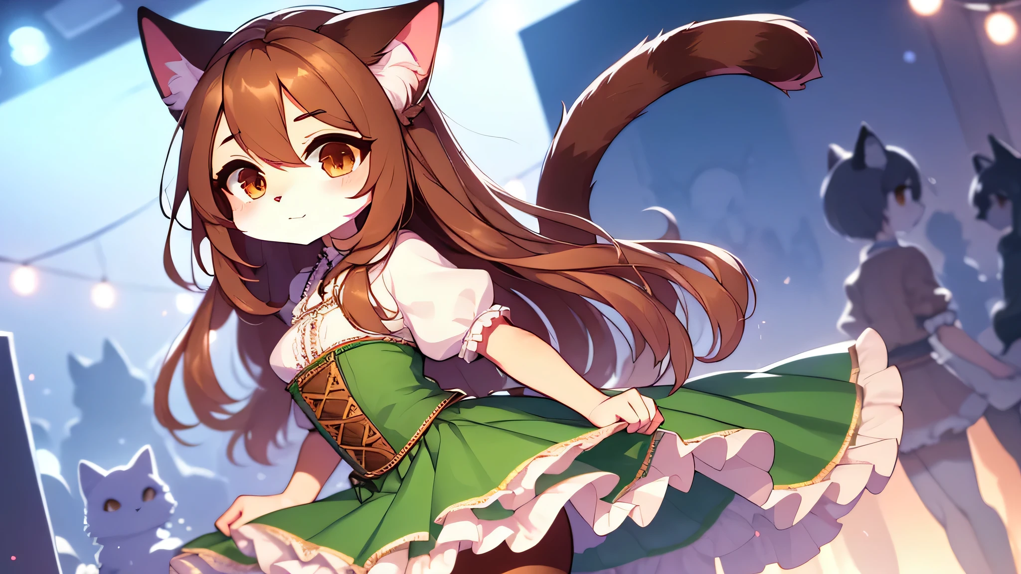 1 girl, alone, Fresh beans, catwoman, Cat ear, cat tail, brown eyes, brown hair, long hair, faint smile, Ear arch, frilly skirt, green skirt, high waist skirt, puffy short sleeves, thin, thin and long, (Japanese:0.8)