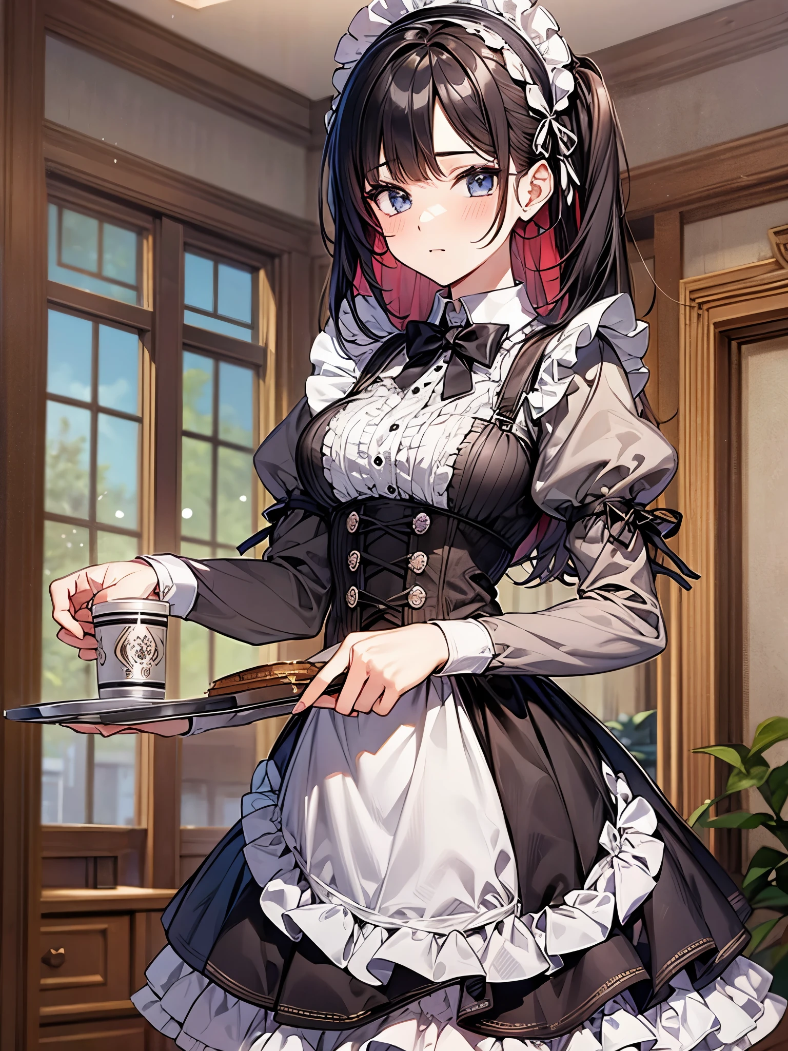 Anime character dressed in maid outfit holding a tray with a cake - SeaArt  AI