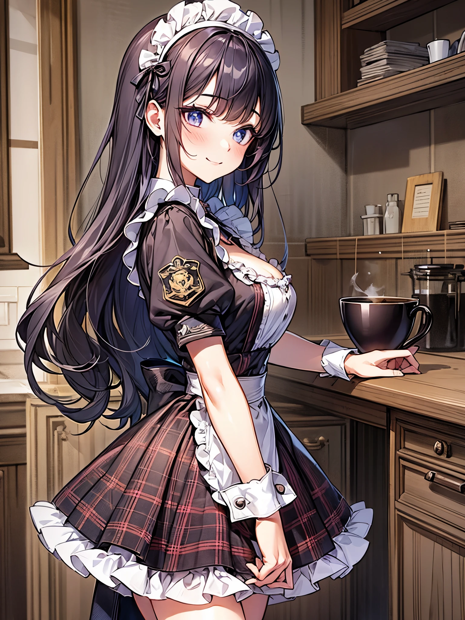 Anime girl in maid outfit holding a glass of wine in a kitchen - SeaArt AI